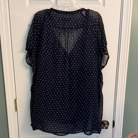 Liz Claiborne Navy Sheer V-Neck Blouse with White Dot Print - Picture 2 of 4
